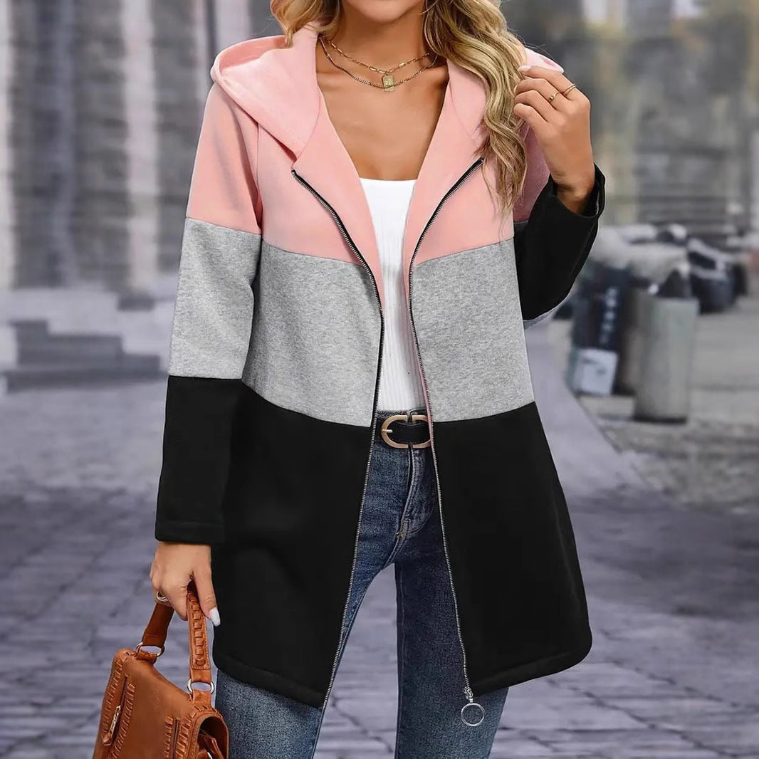 Autumn And Winter Leisure Fashion Loose Color Contrast Patchwork Hooded Jacket